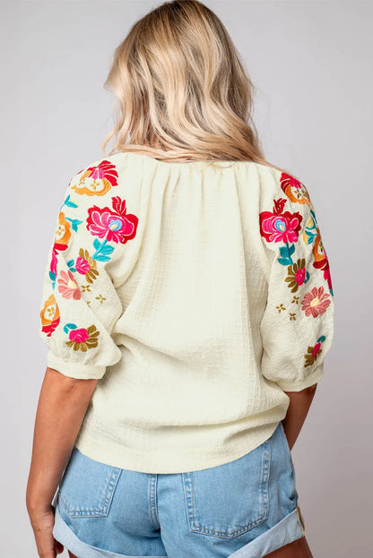 Beige Floral Embroidered Ricrac Puff Sleeve Textured Blouse - Chic Meadow Boutique 