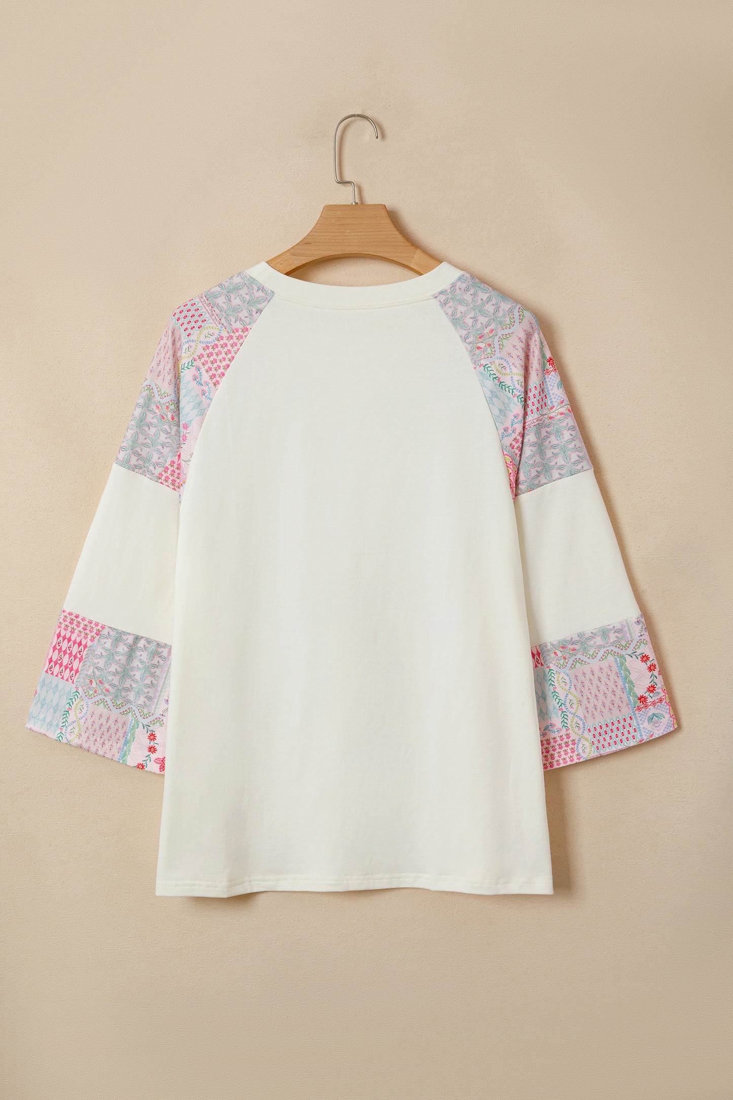 Beige Color Block Retro Floral Patchwork Long Sleeve Top