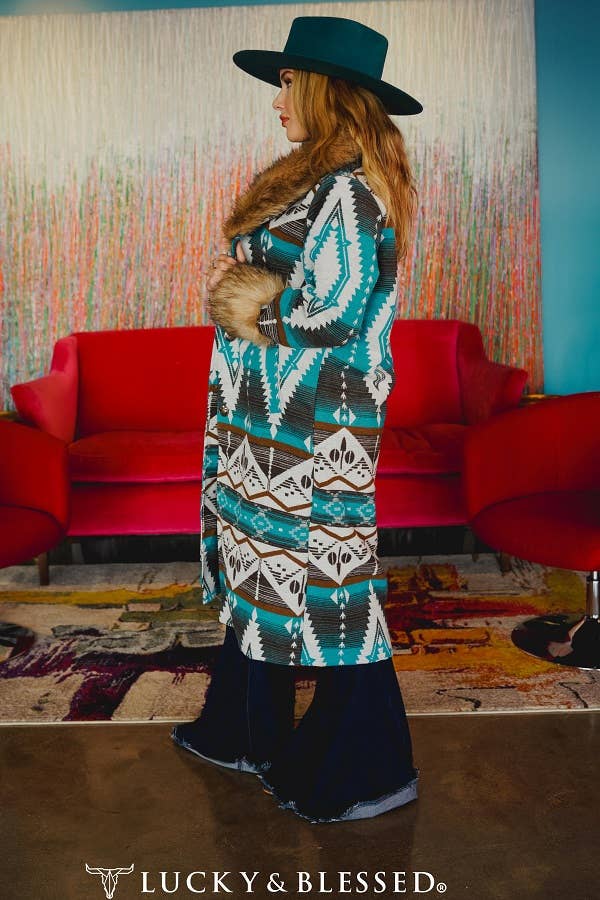 Plus Size Jade Aztec W Fur Collar & Sleeves Hem Long Coat