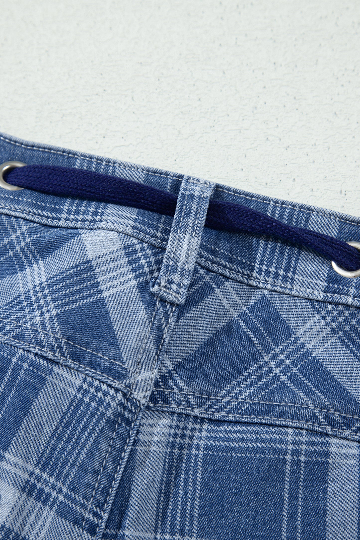 Sky Blue Plaid Denim Grommet Drawstring Waist Ankle-Length Jeans