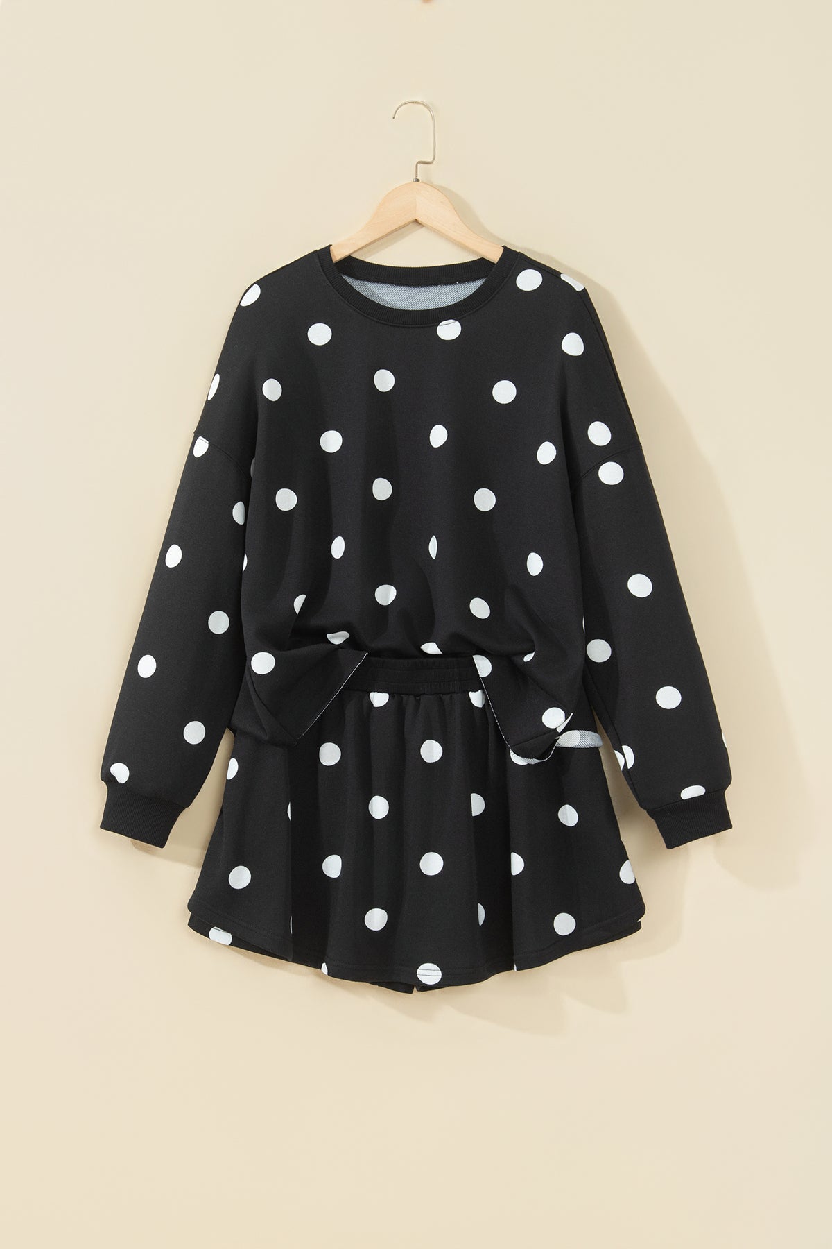 Black Polka Dot Raw Hem Relaxed Pullover Loose Skort Two Piece Set