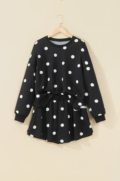 Black Polka Dot Raw Hem Relaxed Pullover Loose Skort Two Piece Set