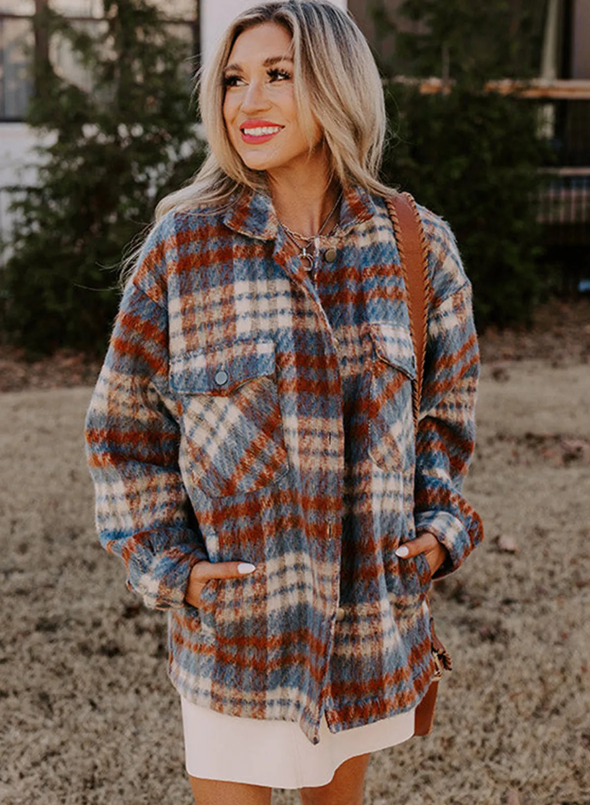 Cinnamon Plaid Print Chest Pockets Turn Down Collar Shacket - Chic Meadow Boutique 