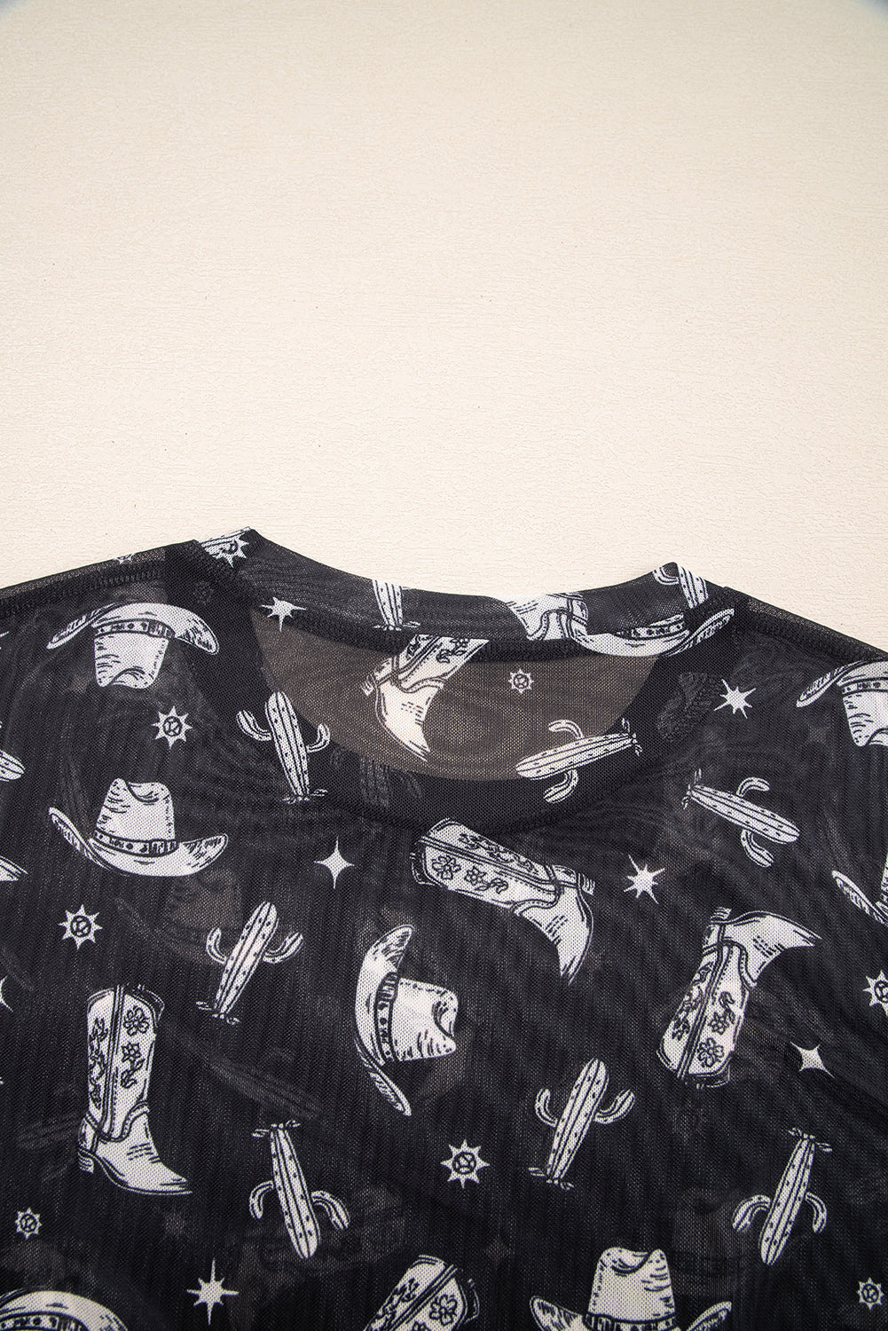 Black Western Pattern Mesh Sheer Crew Neck T Shirt