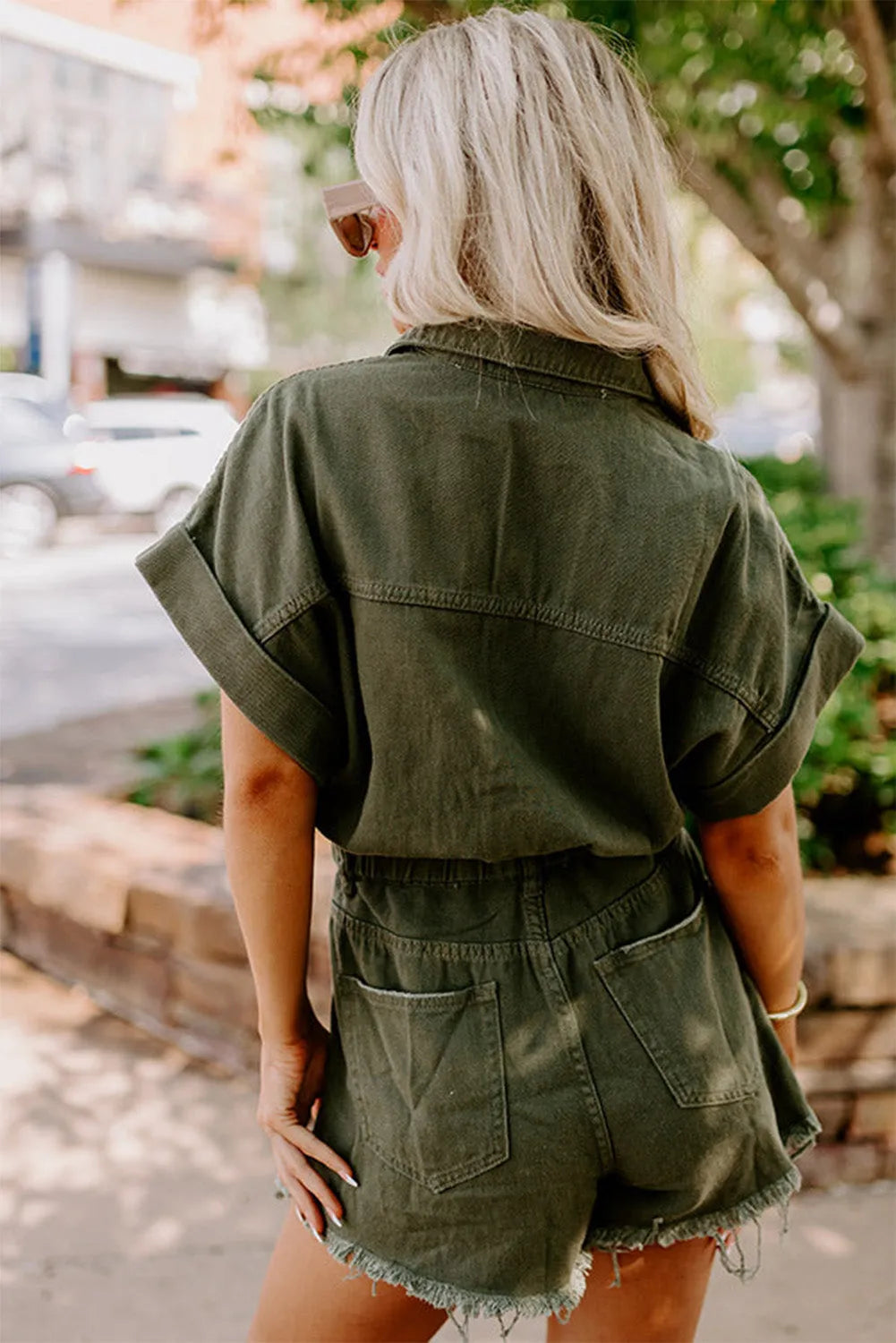 Moss Green Distressed Frayed Denim Romper - Chic Meadow Boutique 