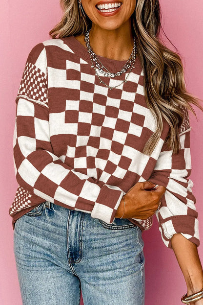 Brown Checkered Print Drop Shoulder Round Neck Sweater - Chic Meadow Boutique 