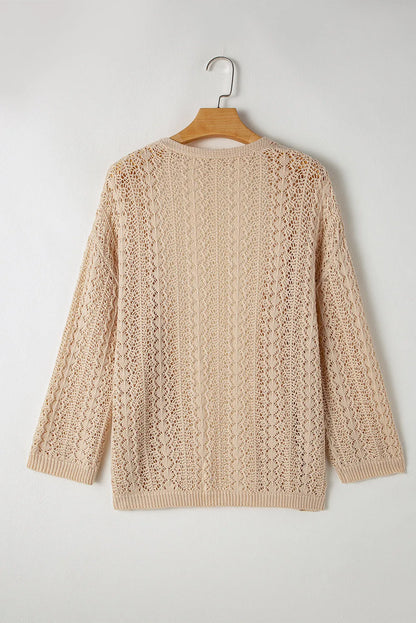 Apricot Hollow Out Knit Drop Shoulder Open Front Cardigan - Chic Meadow Boutique 