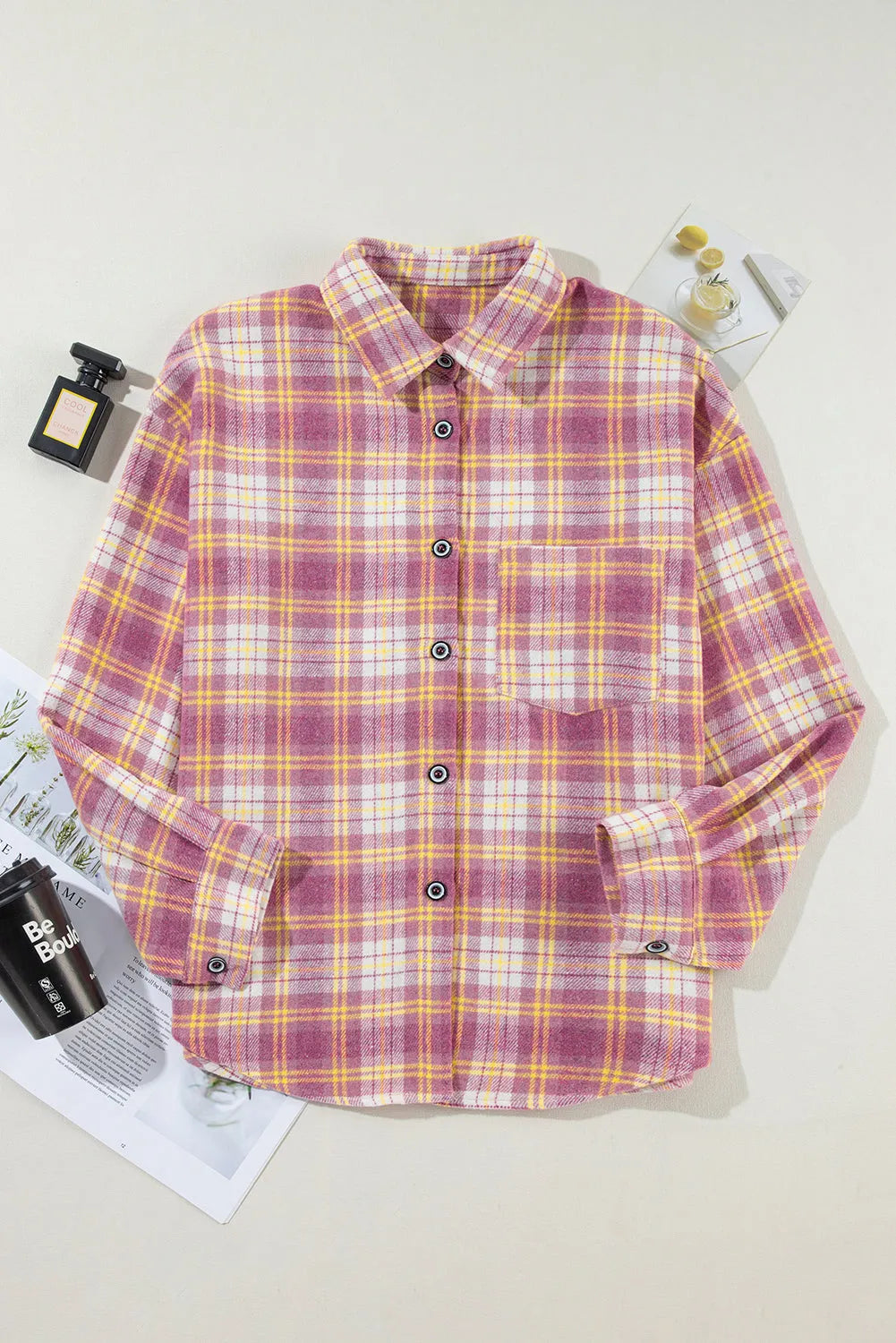 Pink Plaid Print Chest Pocket Long Sleeve Shacket - Chic Meadow Boutique 