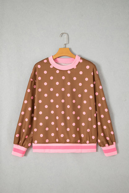 Brown Polka Dot Colorblock Round Neck Pullover Sweatshirt