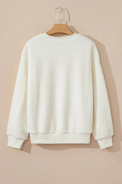 Beige Sherpa HOWDY Patched Pullover Sweatshirt - Chic Meadow Boutique 