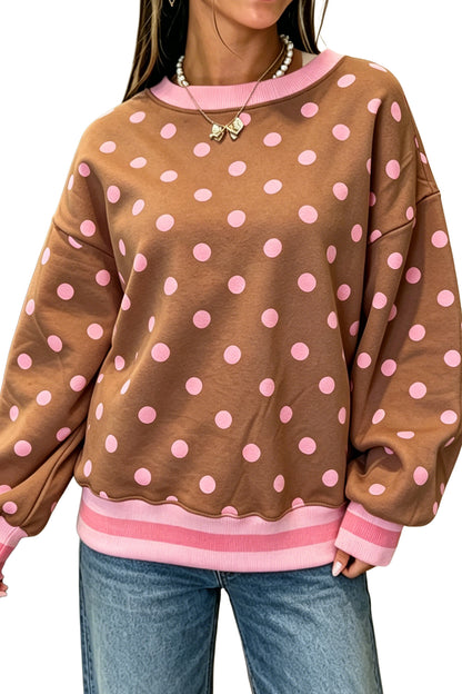 Brown Polka Dot Colorblock Round Neck Pullover Sweatshirt