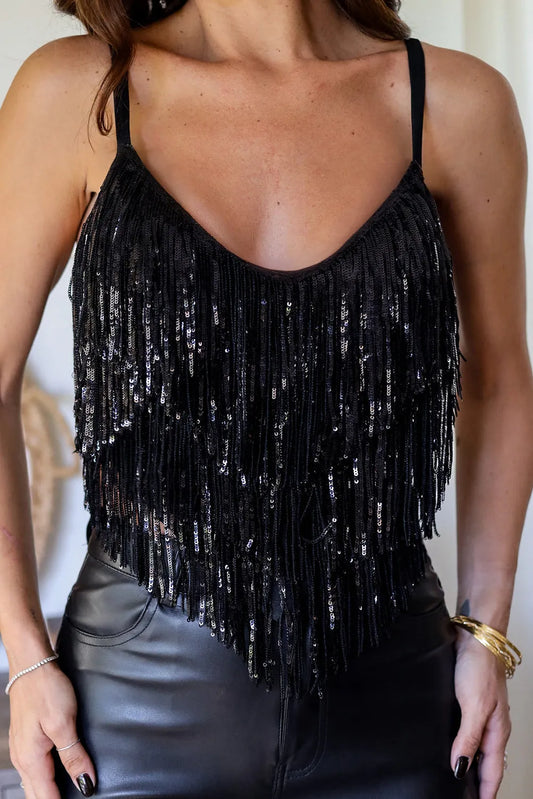 Black Sequin Tasseled Tank Crop Top - Chic Meadow Boutique 