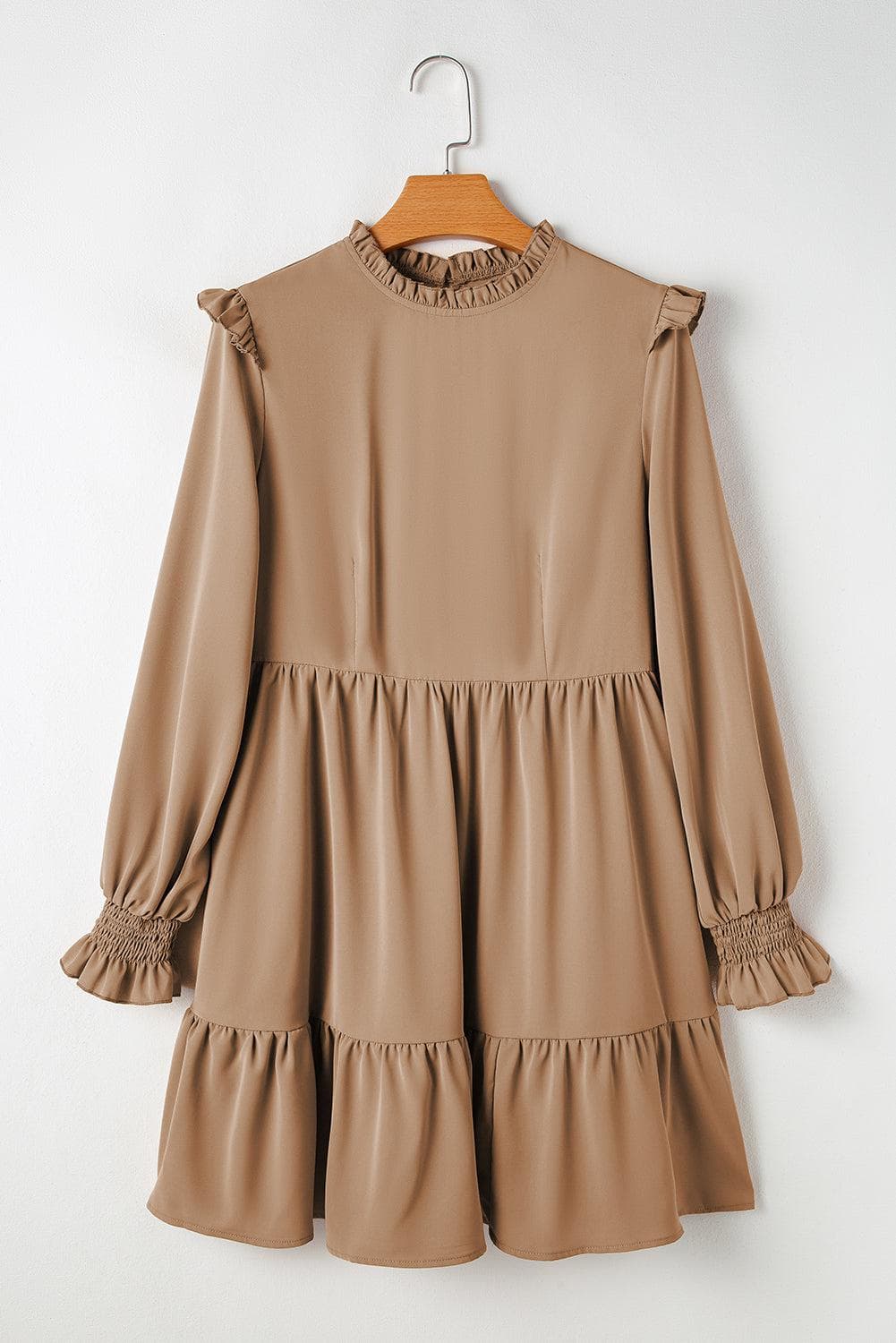 Dresses/Mini Dresses Light French Beige Frilled Collar Ruffled Shoulder Tiered Dress