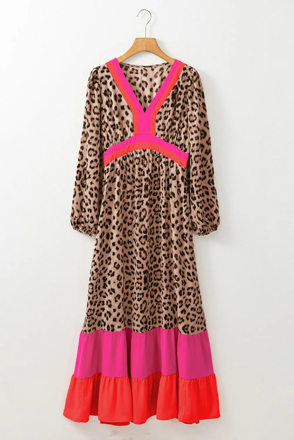 Brown Leopard Color Block V Neck Loose Fit Maxi Dress - Chic Meadow Boutique 