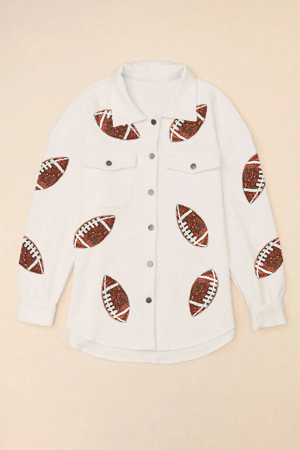 Beige Bubble Gum Texture Sequined Rugby Football Shacket - Chic Meadow Boutique 