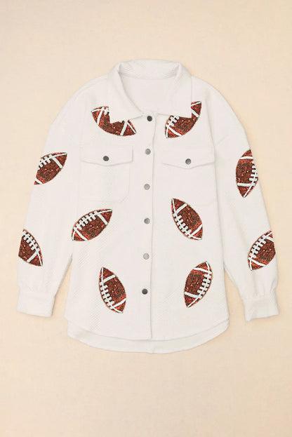 Beige Bubble Gum Texture Sequined Rugby Football Shacket - Chic Meadow Boutique 