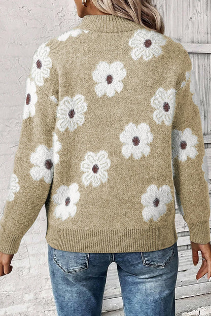 Khaki Floral Pattern Half Zip Drop Shoulder Sweater - Chic Meadow Boutique 