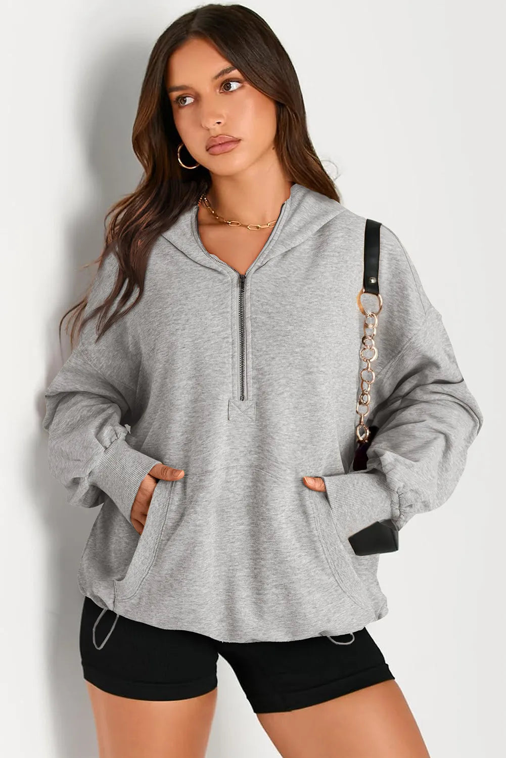 Light Grey Solid Kangaroo Pocket Half Zipper Oversized Hoodie - Chic Meadow Boutique 