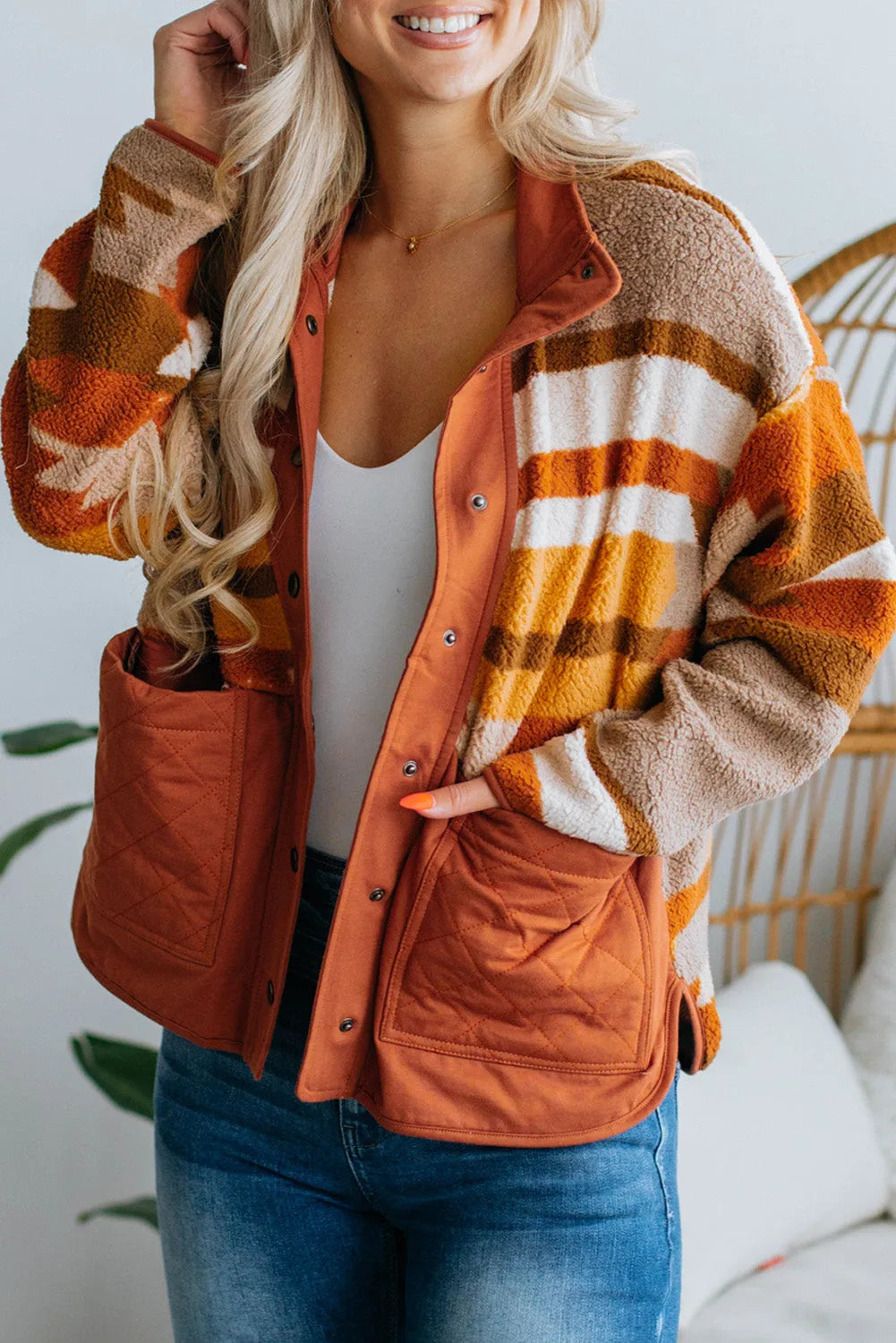 Brown Quilted Patch Pockets Aztec Furry Jacket - Chic Meadow Boutique 