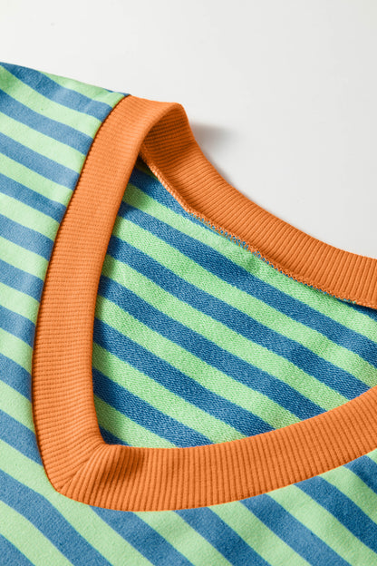 Green Stripe Colorblock Trim V Neck Tee Drawstring Elastic Waist Short Set