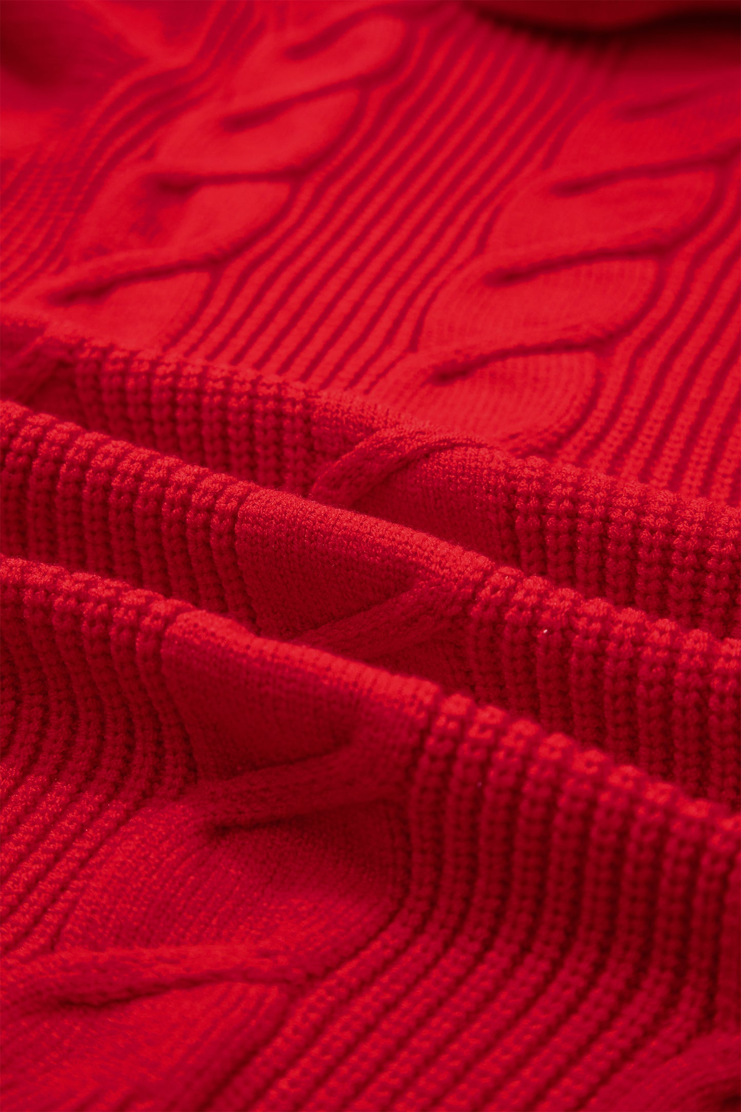 Tomato Red Cable Knit Turtleneck Ruffled Short Sleeve Sweater