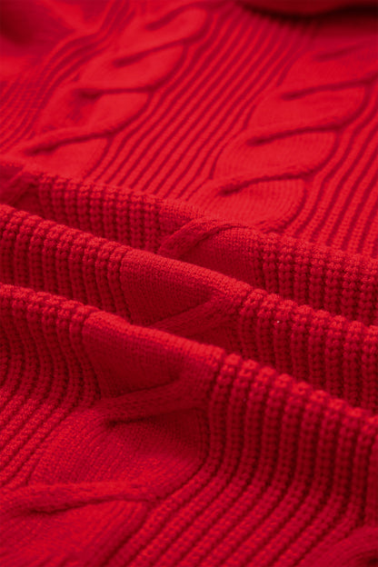 Tomato Red Cable Knit Turtleneck Ruffled Short Sleeve Sweater