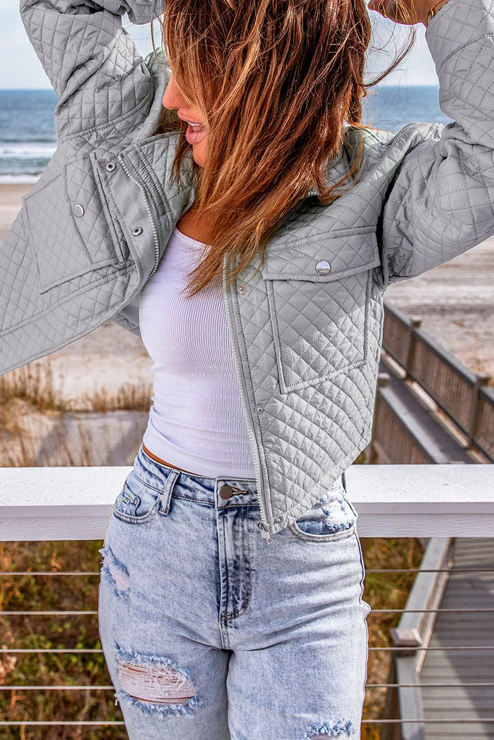 Gray Quilted Pocketed Zip-up Cropped Jacket - Chic Meadow Boutique 