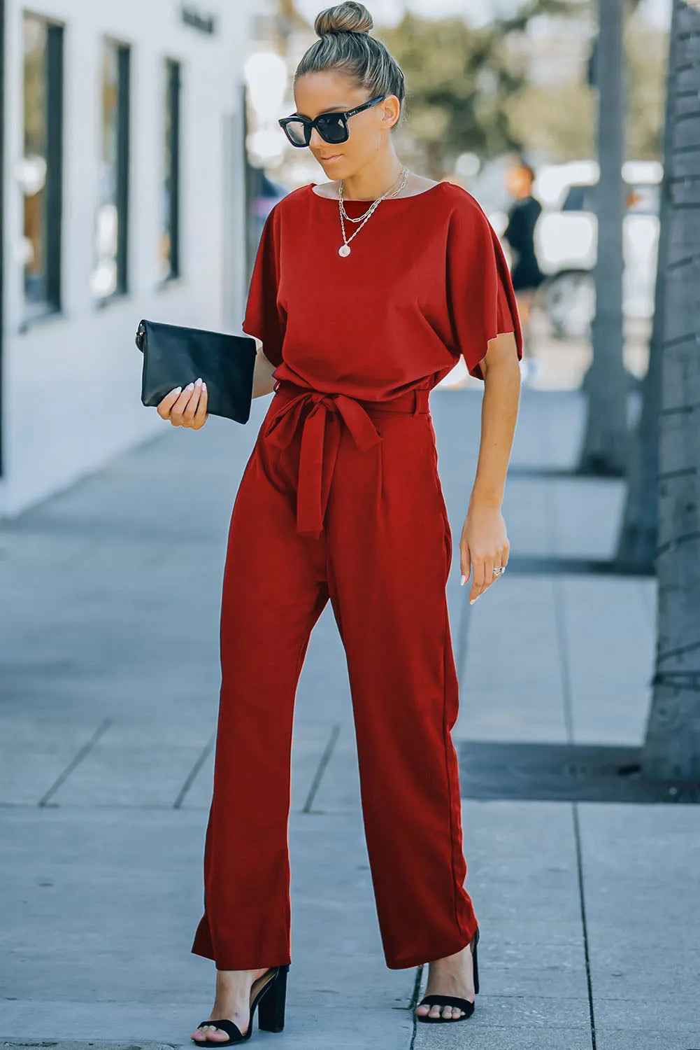 Fiery Red Belted Wide Leg Jumpsuit - Chic Meadow Boutique 