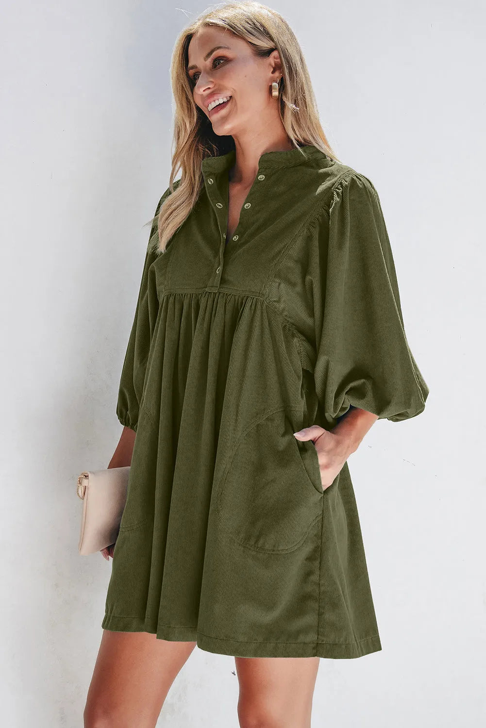 Vineyard Green Corduroy Snap Buttons Empire Waist Bracelet Sleeve Dress - Chic Meadow Boutique 