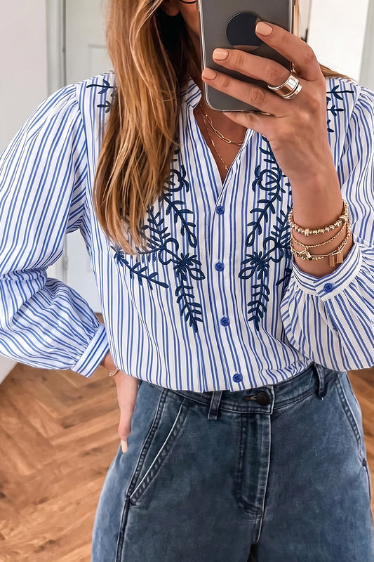 Blue Stripe Embroidered Detail Button Front Long Sleeve Shirt