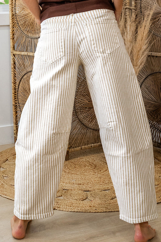 Khaki Stripe Casual Barrel Jeans