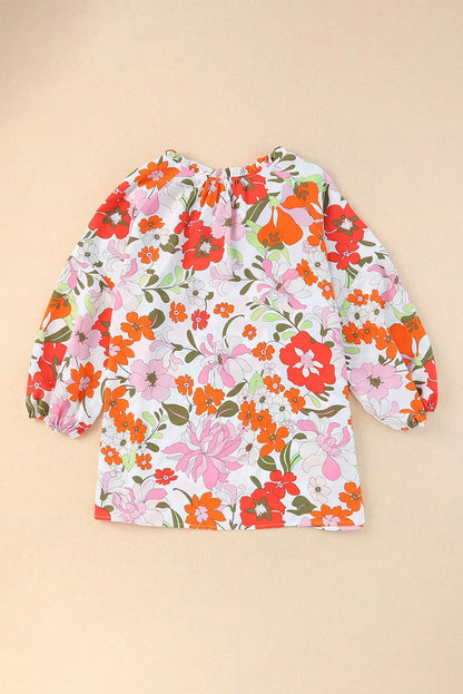 Orange Blooming Flowers Frill Trim Puff Sleeve Blouse - Chic Meadow Boutique 