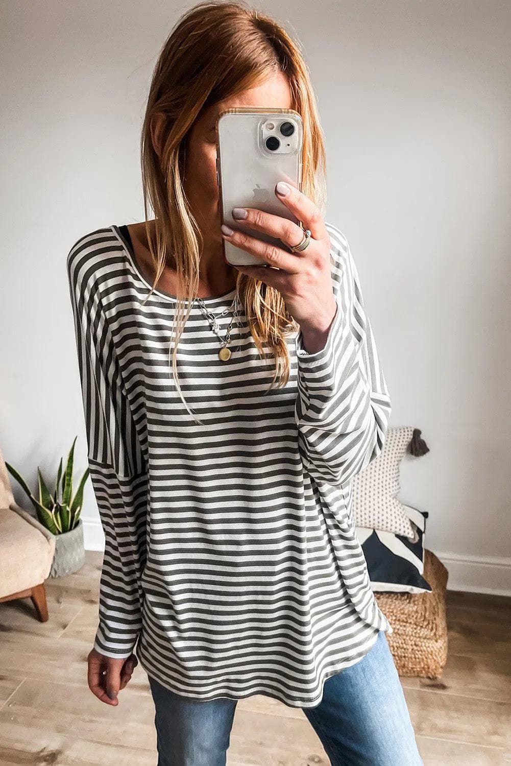 Tops/Long Sleeve Tops Gray Stripe Drop Sleeve Round Neck Oversized Long Sleeve Top