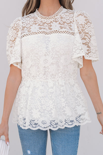 White Short Sleeve Scalloped Floral Lace Peplum Blouse