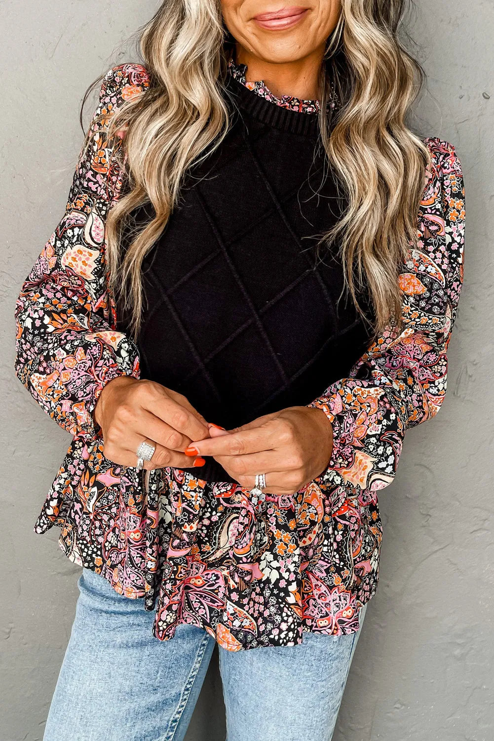 Black Contrast Floral Sleeve Peplum Sweater - Chic Meadow Boutique 