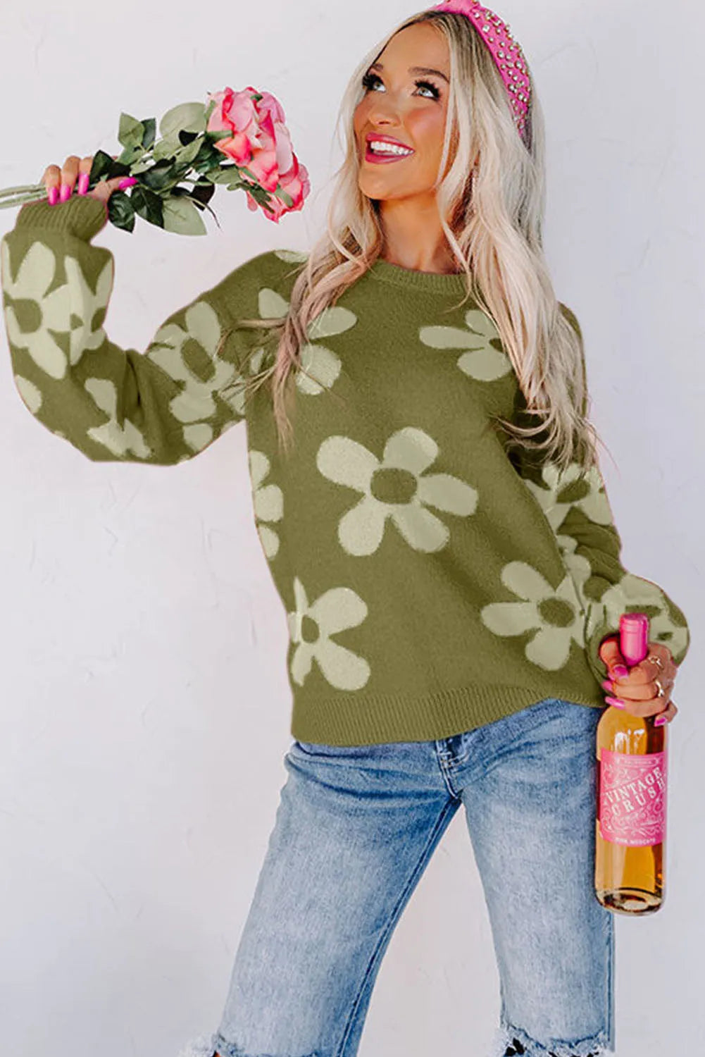 Spinach Green Big Flower Knit Ribbed Trim Sweater - Chic Meadow Boutique 