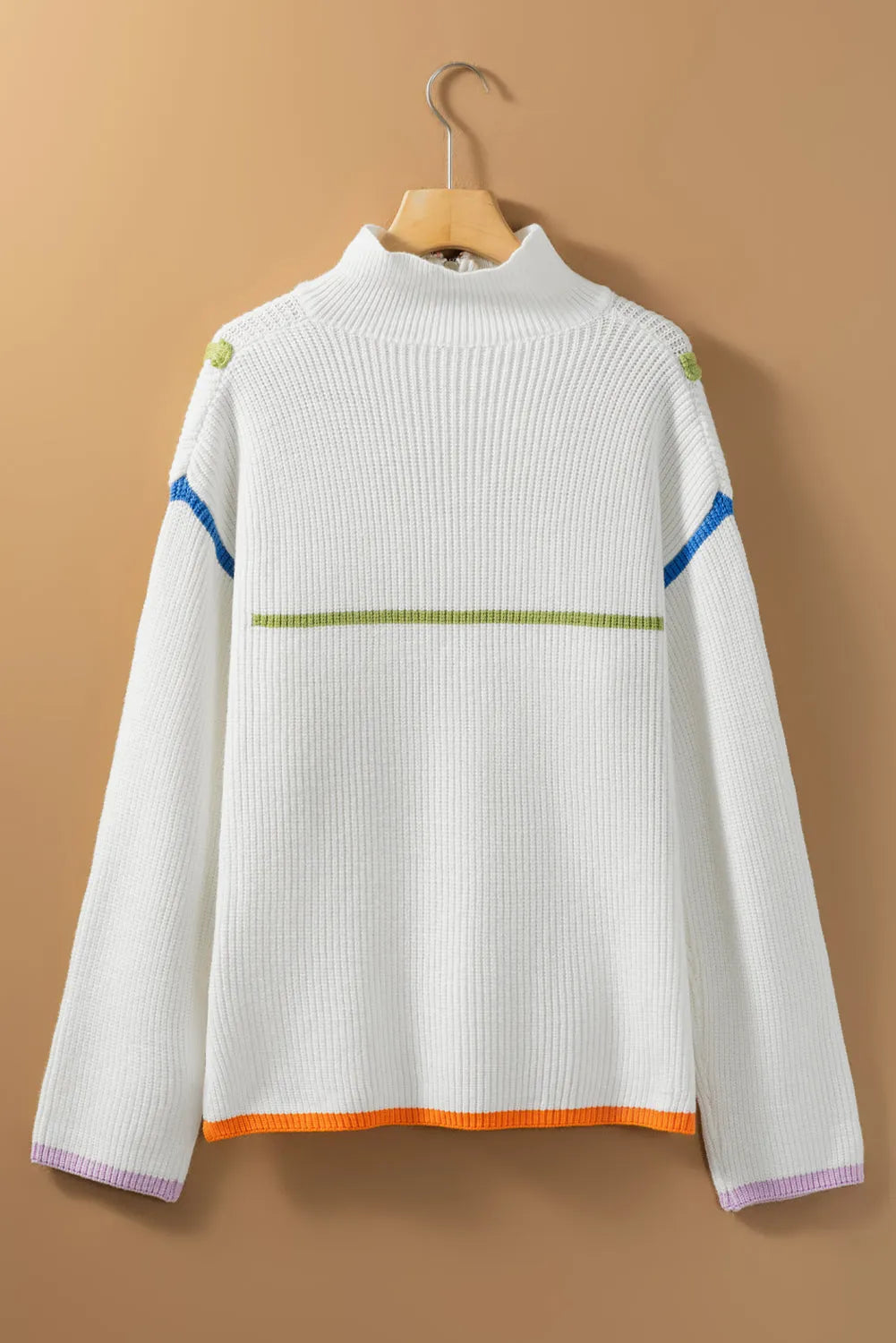 White Colorful Edge Quarter Zip Drop Shoulder Sweater - Chic Meadow Boutique 