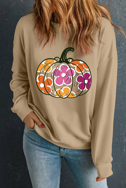 Khaki Halloween Floral Pumpkin Graphic Drop Shoulder Sweatshirt - Chic Meadow Boutique 