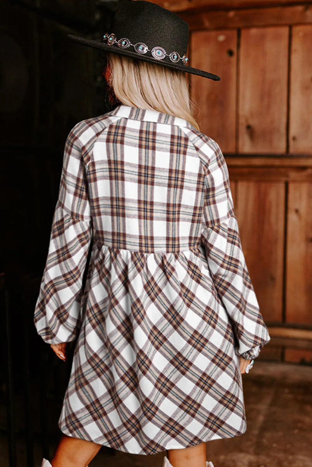 White Plaid Bubble Sleeve Flowy Shirt Dress - Chic Meadow Boutique 