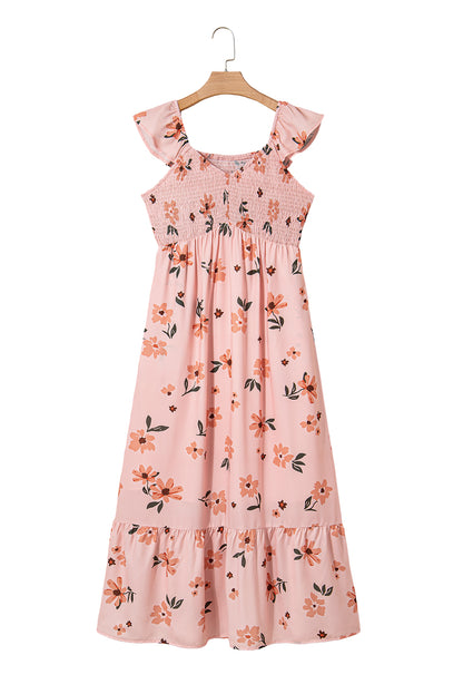 Pink Floral V Neck Smocked High Waist Ruffle Hem Long Dress