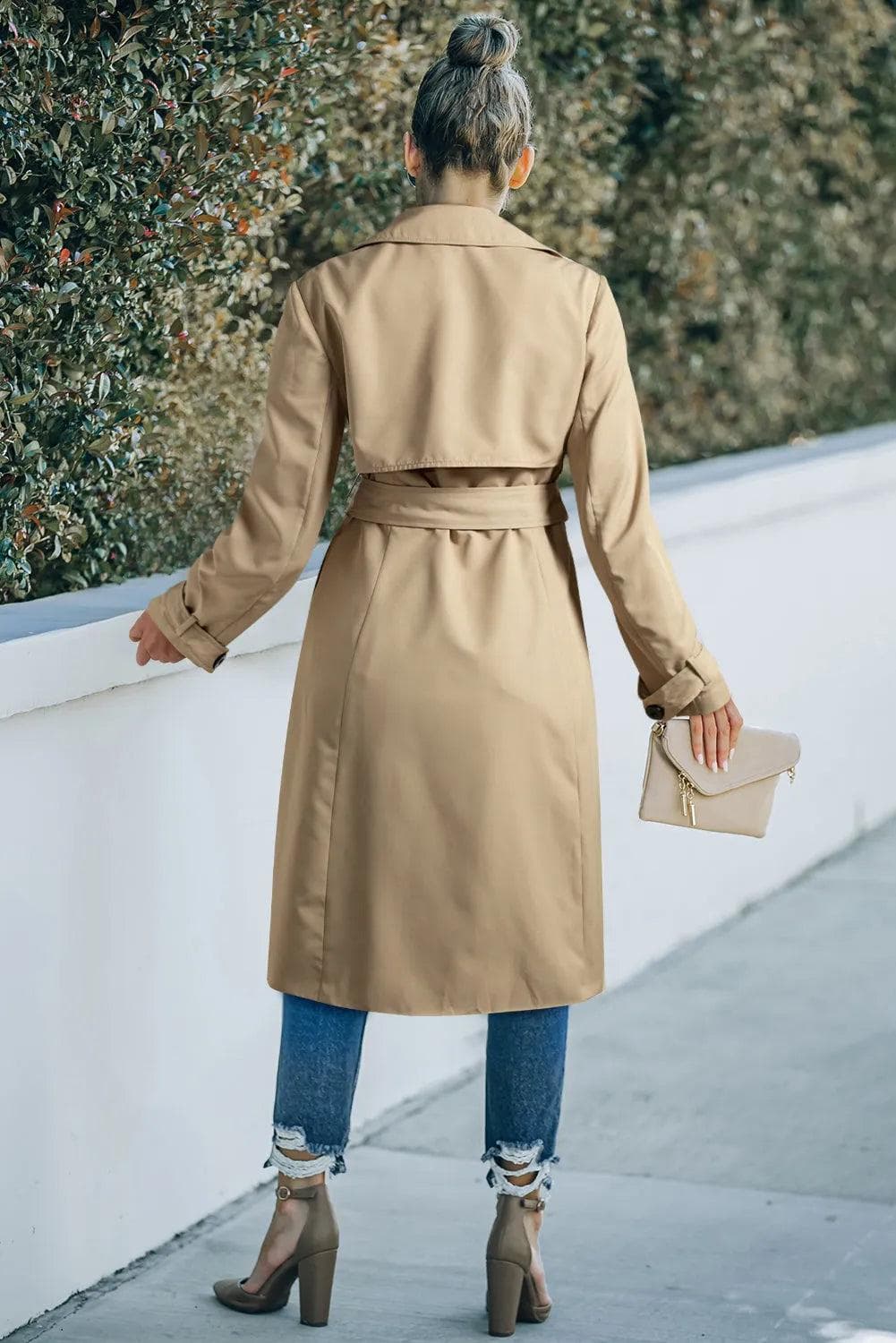 Outerwear/Coats Pale Khaki Solid Color Lapel Collar Waist Tie Wind Coat