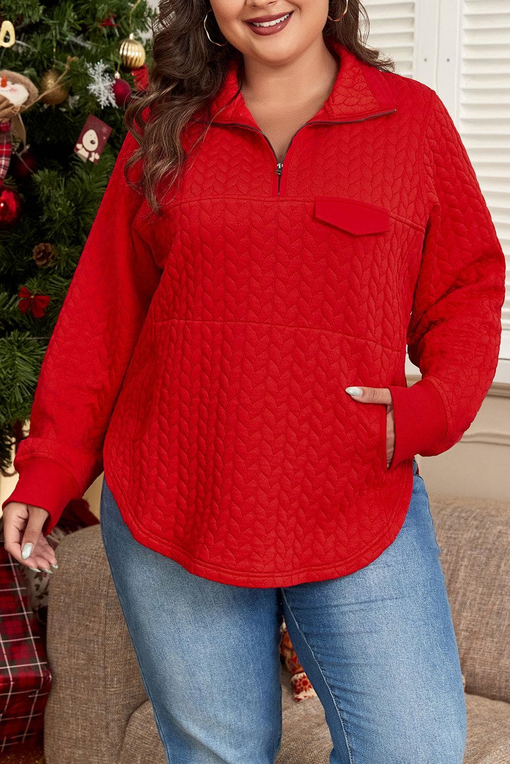 Plus Size/Plus Size Sweatshirts & Hoodies Tomato Red Cable Textured Quarter Zip Pocketed Plus Size Pullover