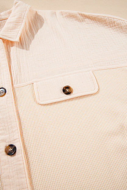Beige Waffle Splicing Short Batwing Sleeve Flap Detail Shirt