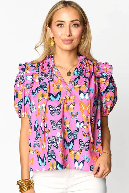 Purple Butterfly Print Ruffled Puff Sleeve Tied V Neck Blouse - Chic Meadow Boutique 