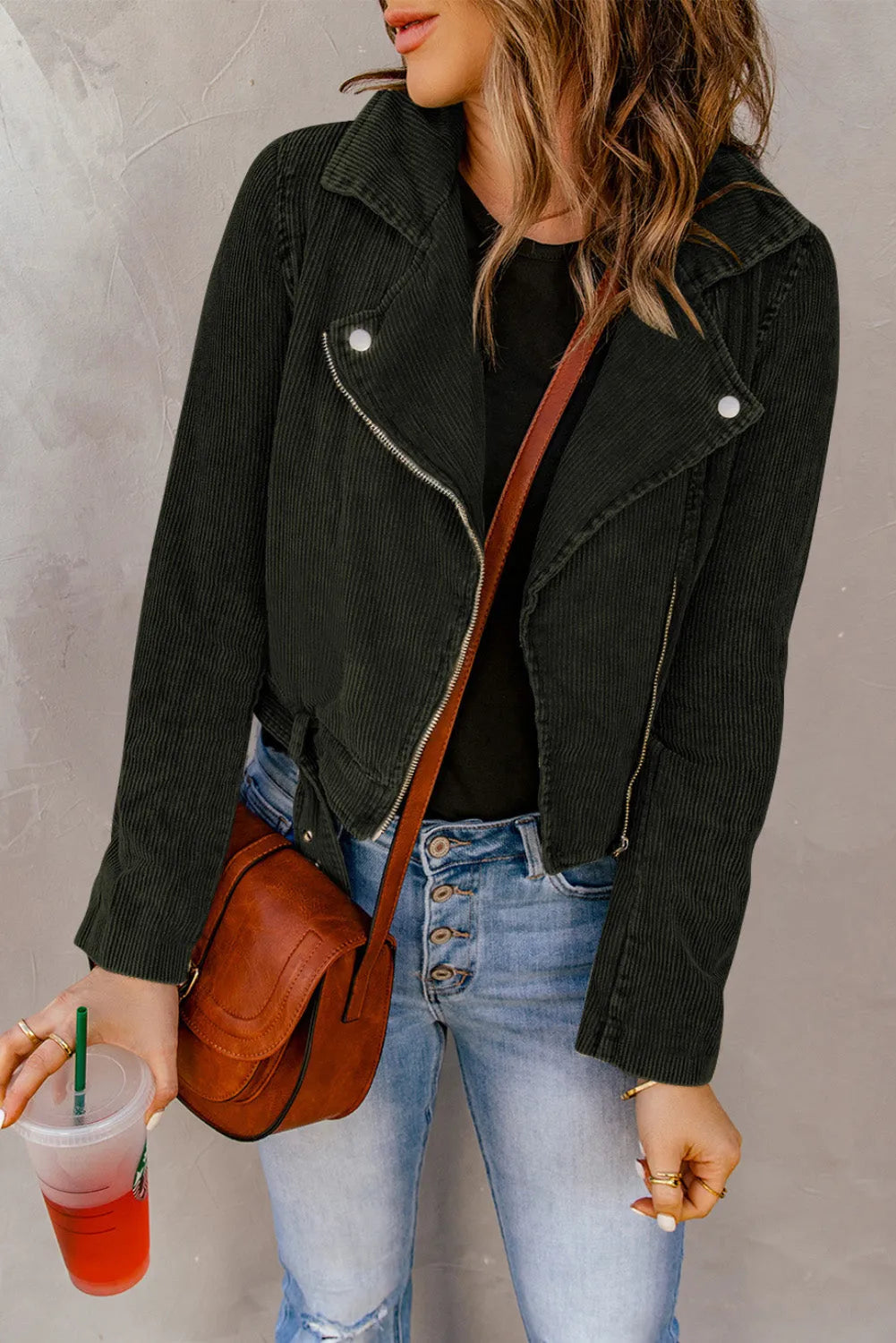 Buckle Belted Zip Up Corduroy Jacket - Chic Meadow Boutique 