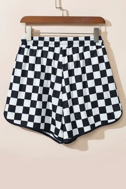 Black Checkered Drawstring Elastic Waist Casual Shorts - Chic Meadow Boutique 