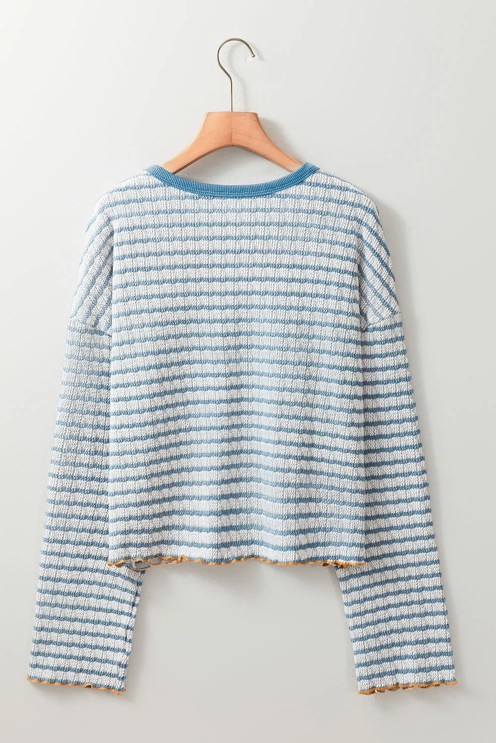 Sky Blue Stripe Textured Frilly Trim Buttons Henley Long Sleeve Top - Chic Meadow Boutique 