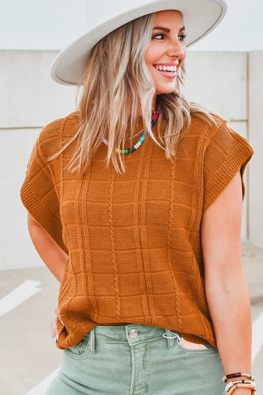 Chestnut Grid Textured Short Sleeve Sweater - Chic Meadow Boutique 