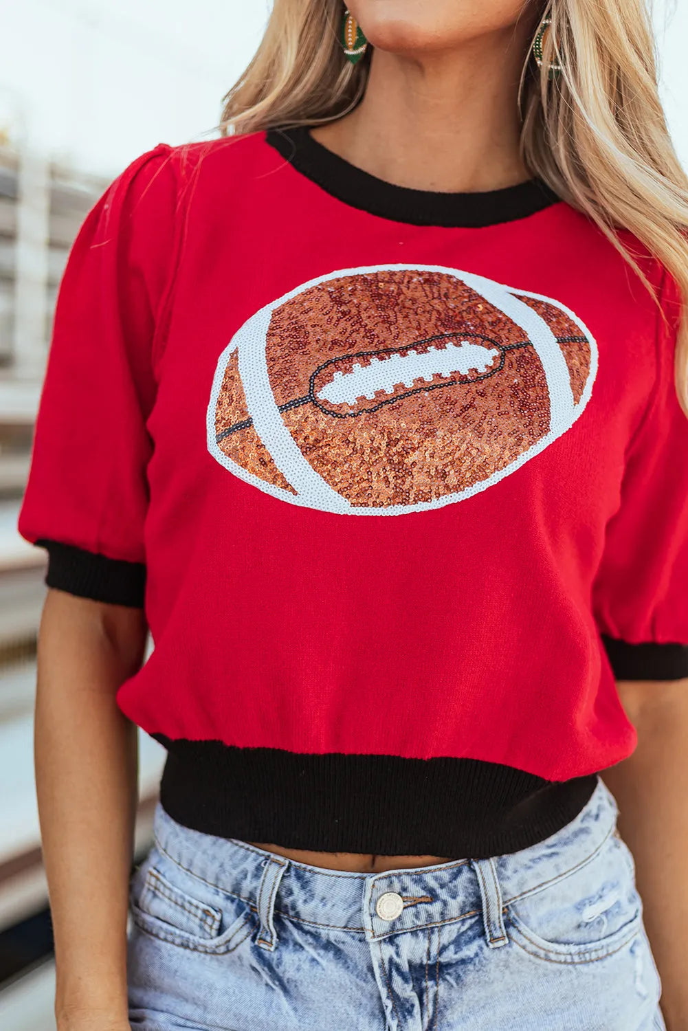 Red Sequin Rugby Color Block Puff Short Sleeve Sweater - Chic Meadow Boutique 