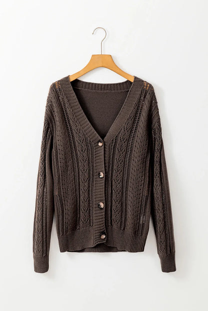 Dark Khaki Open Knit Drop Shoulder Sweater Cardigan - Chic Meadow Boutique 